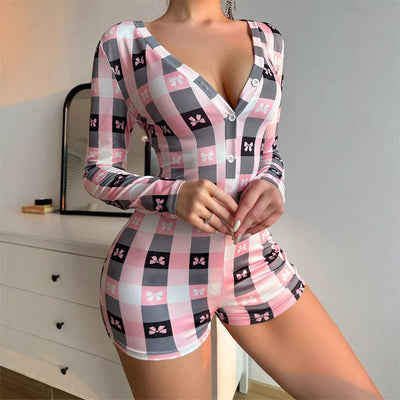 European And American Sexy Jumpsuit Deep V-neck Bow Plaid Printed Long Sleeve One-piece Pajamas